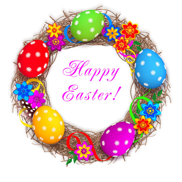 Pascua festivo fondo elegante, Tejido decorativo de ramas una corona, huevos pintados multicolores, flores de papel estilizado, representación 3D
 - Foto, imagen