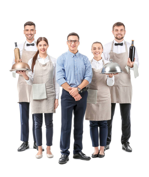 Group of waiters with teacher on white background - Photo, Image
