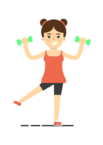 Happy athletic girl doing exercise with dumbbells isolated on white background vector illustration. Fitness exercise, sport and healthy lifestyle concept in flat design. - Vector, Image