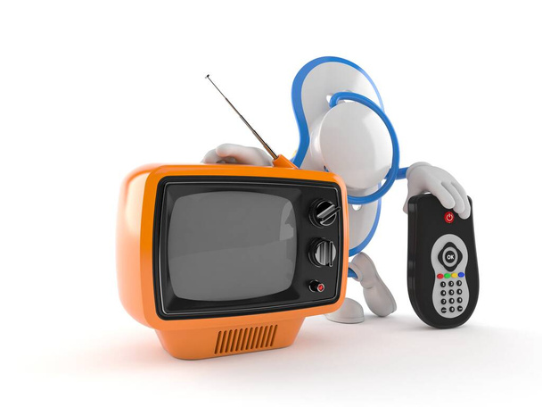 Baby-Dummy-Charakter mit Fernseher und Fernbedienung isoliert auf weißem Hintergrund. 3D-Illustration - Foto, Bild