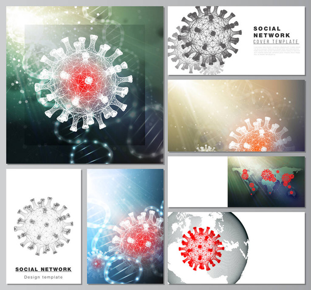 Vector layouts of social network mockups for cover design, website design, website backgrounds or advertising. 3d medical background of corona virus. Covid 19, coronavirus infection. Virus concept. - Vetor, Imagem