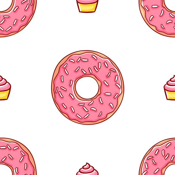 Patrón simple sin costuras, lindo kawaii donuts dibujado a mano garabatos, impresión
 - Vector, Imagen