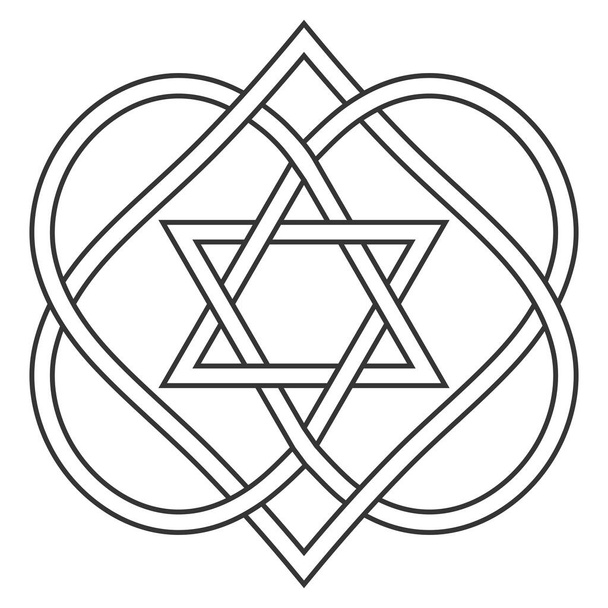 Celtic knot entwining hearts and stars of David, vector Jewish heart shape with star of David art two hearts are woven into carved love knot, symbol Jewish wedding - Vector, Image