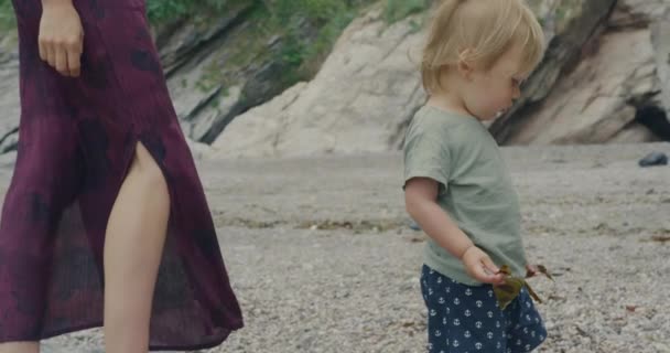A little toddler boy is walking on the beach with his mother, shot handheld in slow motion - Video