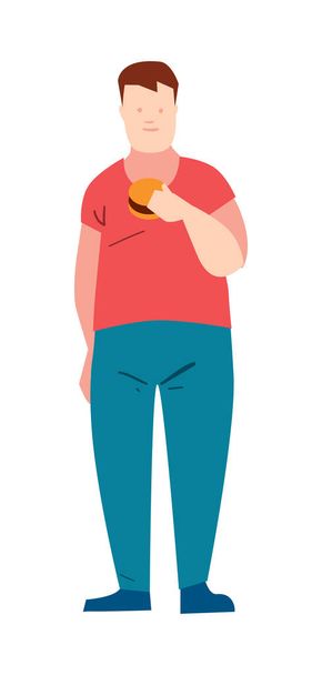 Fat guy eating burger vector illustration isolated on white background. Male character in flat design. - Vetor, Imagem