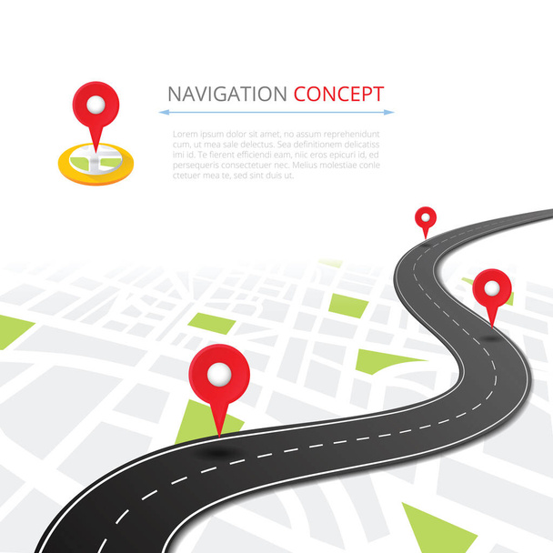 Navigation concept with pin pointer vector illustration. Cartography mapping, ui pinning, discovery, geotag, tourism geolocation. GPS navigation system banner. Location pin on perspective city map. - Vector, Image