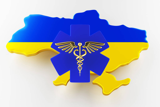 Caduceus merkki käärmeitä lääketieteellinen tähti. Kartta Ukrainan maarajan lippu. 3d-renderointi
 - Valokuva, kuva