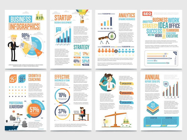 Business infographics banner set with charts vector illustration. Data visualization elements, marketing chart and graph. Business statistics, planning, analytics, startup strategy, coaching, teamwork - Vector, Image
