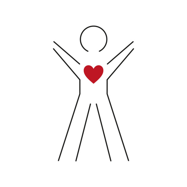 Simple drawing of a kind person with big heart and outstreched hands ready to hel - Vector, Image