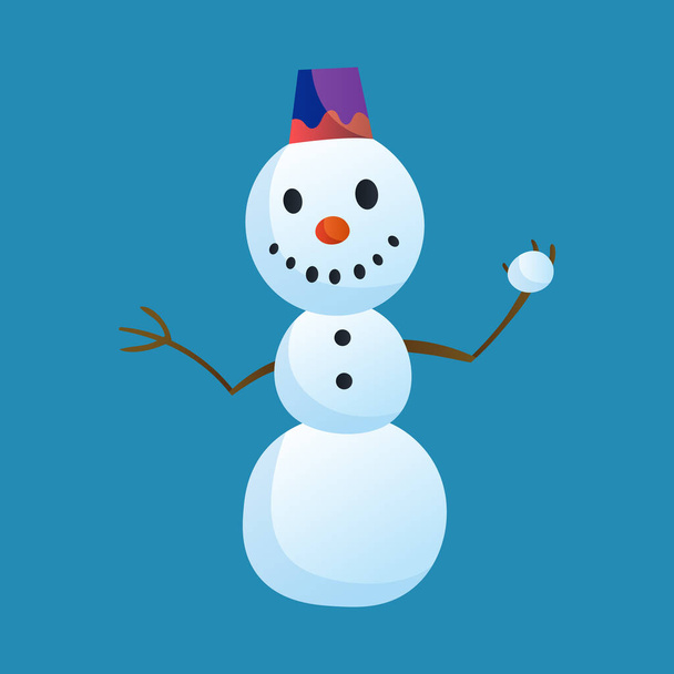 スノーマンは白い背景に独立したトップハットの雪玉を保持しています。冬のテーマ。ベクターキャラクターイラスト - ベクター画像