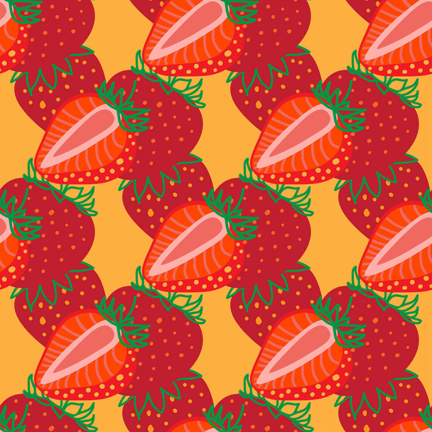 Strawberrys 'in vektörsüz deseni, tasarım renkli soyut illüstrasyon. Sarı zemin üzerinde tam ve dilimlenmiş kırmızı çilek desenler, tekstil, paket, ambalaj, duvar kağıtları ve kart için. - Vektör, Görsel