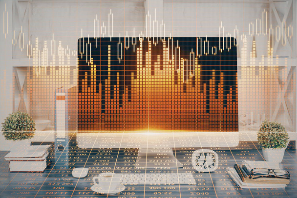 Hologramm eines Devisengraphen auf einem Tisch mit Computerhintergrund. Doppelbelichtung. Konzept der Finanzmärkte. - Foto, Bild