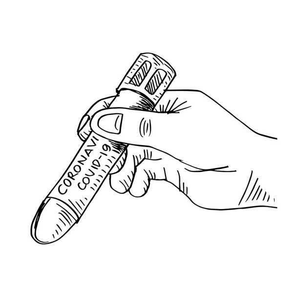 Doodle of Hand, що тримає пробірку крові з позитивним результатом коронавірусу над медичним столом
. - Вектор, зображення
