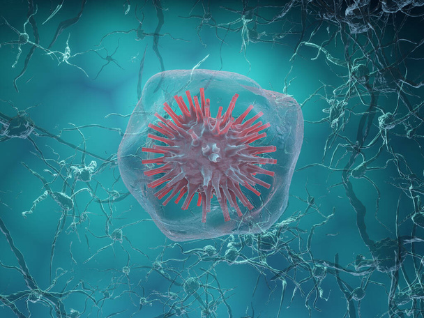 A single covid-19 virus within a hull surrounded with nerve cells rendered in 3D. - Photo, Image