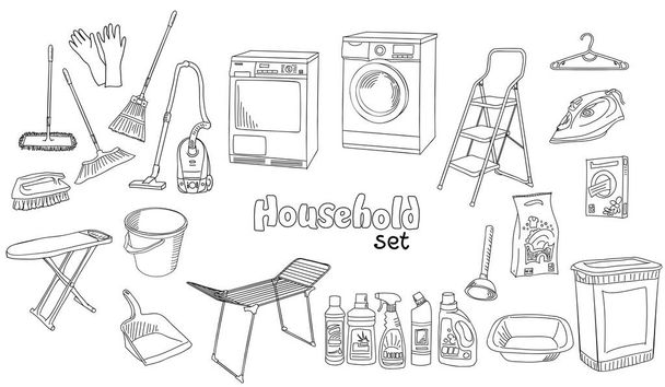 The vector illustration in doodle style, hand drawn sketch in black and white colors with inscription. A set of different appliances, things and devices for household. Coloring book page. - Photo, Image
