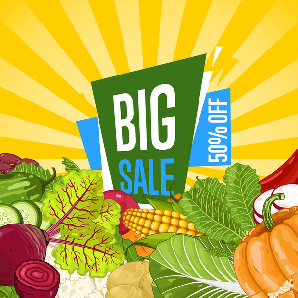 Big sale proposition for farm food banner vector illustration. Natural vegetable sale, organic farming retail, vegan product store promo. Healthy farm food offer advertising with corn, pumpkin, potato - Vector, Image