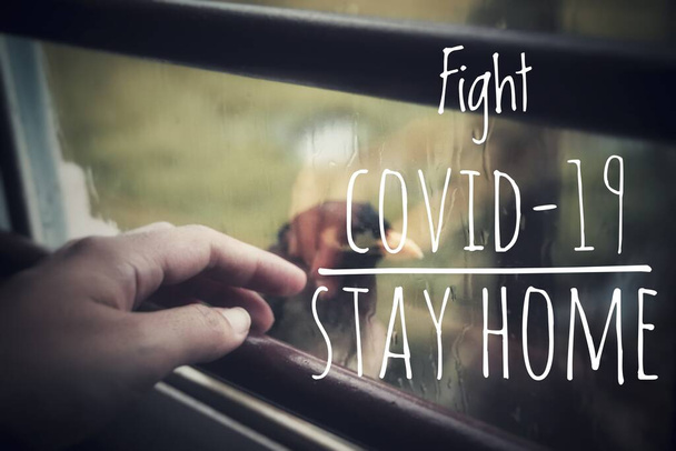 A person looking at a bird outside the window to show the concept of home quarantine and social distancing in the fight against the spread of covid-19 pandemic - Photo, Image