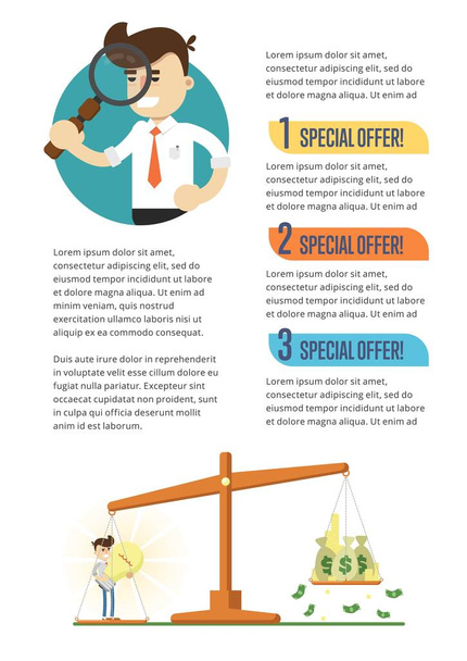 Business infographics banner with businessman holding magnifier vector illustration. Special offer concept with space for text. Business planning and analytics, sales strategy, marketing research - Vektori, kuva