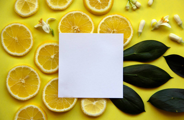 Modello di layout creativo con fette di limone giallo, foglie e fiori di albero di limone su uno sfondo giallo. Concetto estivo minimo. Piatto. Copia spazio, carta di carta
. - Foto, immagini