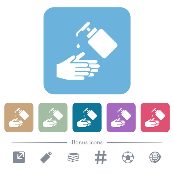 Mão wahing com sabão líquido ícones planos brancos em cores arredondadas fundos quadrados. 6 ícones de bônus incluídos
 - Vetor, Imagem
