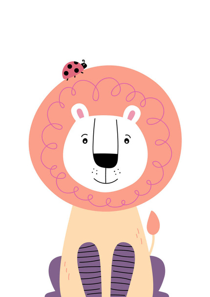 Cute lion with ladybug on the head. Poster for baby room. Childish print for nursery. Design can be used for fashion t-shirt, greeting card, baby shower. Vector illustration. - Vektori, kuva