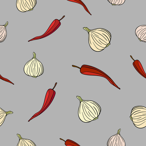 Hand drawn onion and chili pepper vegetables on gray background. Seamless food doodle pattern. - Vector, afbeelding