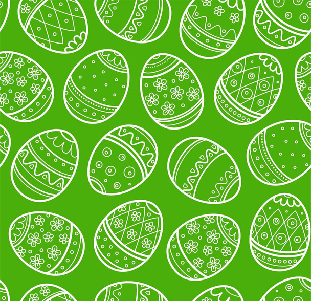 Easter egg, seamless pattern, monochrome, contour, green. A thin outline drawing on a green field. Single-color background. Easter vector pattern.  - Vector, afbeelding