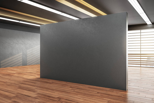Modern gallery interior with city view and blank gray wall. Museum and art concept. Mock up, 3D Rendering - Photo, Image