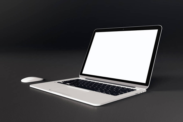 Laptop with blank white screen on office desktop.  Workplace and lifestyle concept. Mock up, 3D Rendering - Fotó, kép