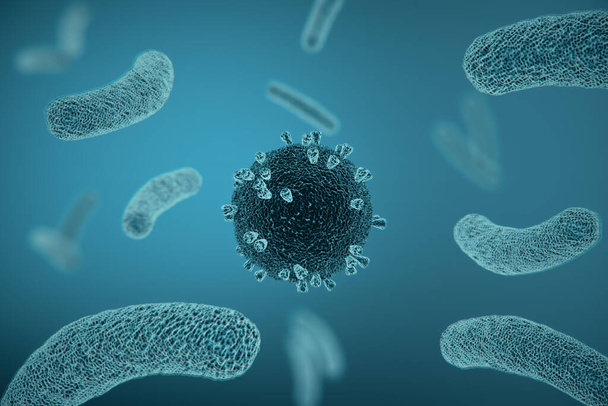 Blue virus cells. Concept of coronavirus. Healthcare and immunology. 3d rendering - Photo, Image