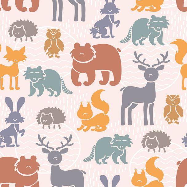 Vector kleurrijk patroon met bosdieren. Achtergrond over het thema natuur. Vlakke constructie - Vector, afbeelding