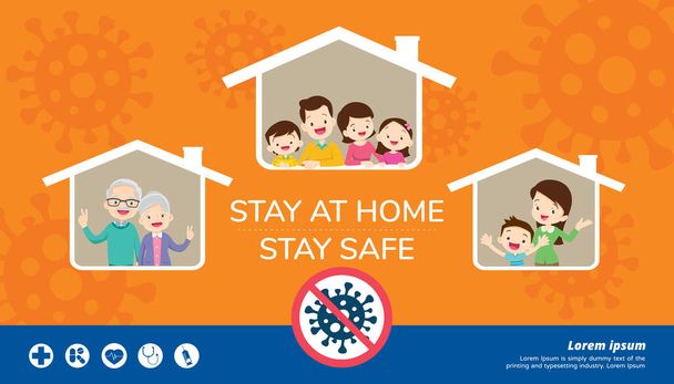 stay at home stay safe,Corona virus ,covid-19 campaign to stay at home.Dad Mom Daughter Son wearing a surgical mask in house icon. lifestyle activity that you can do at home to stay healthy. - Vector, Image