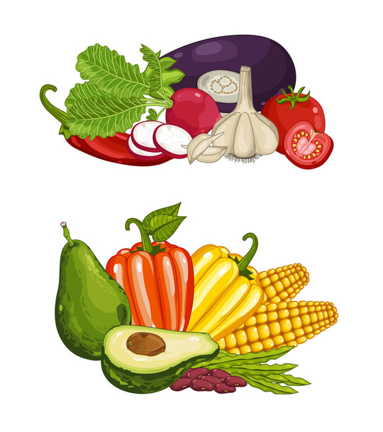 Tuore orgaaninen vihannesten koostumus eristetty vektori kuva. Paikallisesti kasvatettu ruoka, kasvisruoka, orgaaninen terveellinen ruokavalio. Luonnollinen vihannessarja pippurilla, maissilla, munakoisolla, tomaatilla, valkosipulilla
 - Vektori, kuva
