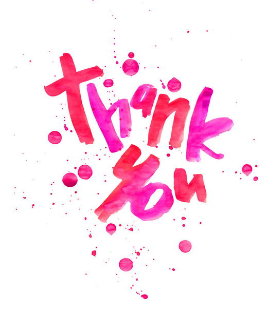 Thank you calligraphy bright sunny blots stains paint watercolor isolated thanks words postcard banner pink red brush - Foto, imagen
