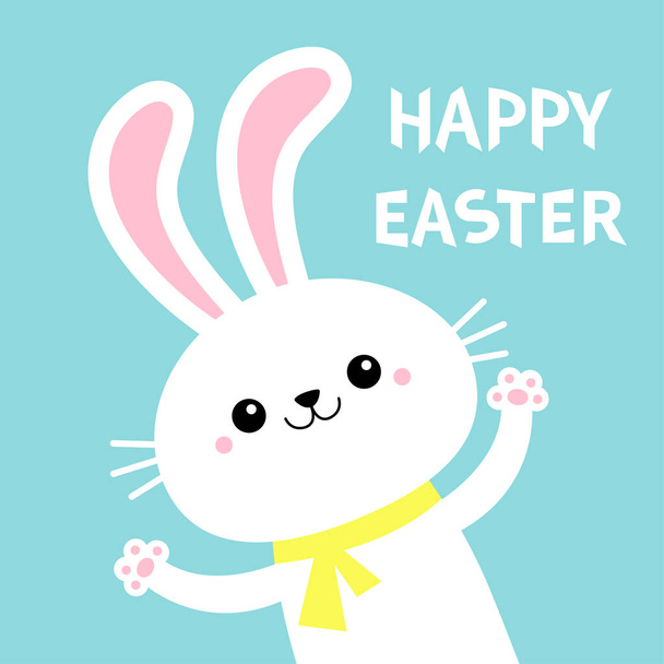 Happy Easter. Cute bunny rabbit waving paw print hands. Yellow scarf. Kawaii cartoon funny smiling baby character. White farm animal. Blue background. Isolated. Flat design. Vector illustration - Vektör, Görsel