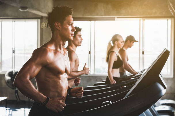 Group of people at the gym exercising on the treadmill trainer machine. Young fitness men and women doing cardio workout program for beginner. - Photo, Image