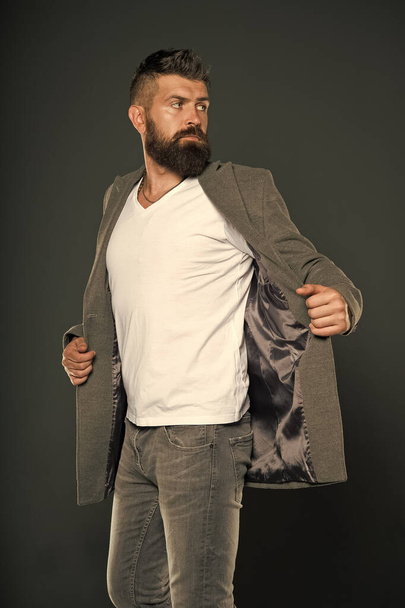 Perfect for work or weekends. Bearded man wear casual style. Hipster in casual outfit grey background. Casual business attire. Casual and comfortable. Fashion and style - Φωτογραφία, εικόνα