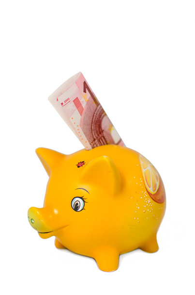 Оранжевая копилка с деньгами
 - Фото, изображение