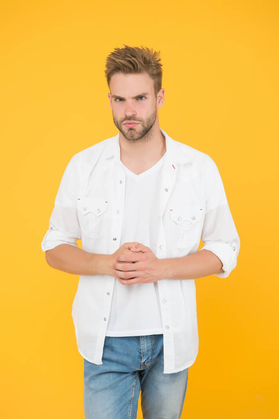 male casual fashion style. sexy and young guy. students life. confident man standing in white shirt. summer and spring collection. barber hair care. handsome man wear white shirt - Fotoğraf, Görsel