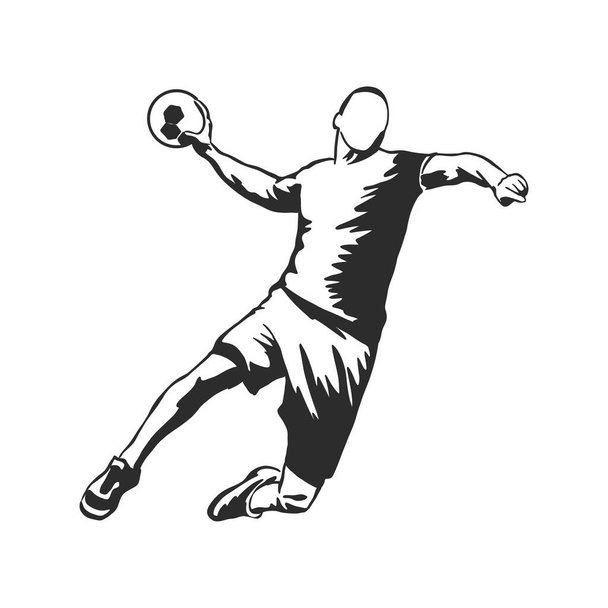 illustratie van de mens spelen handbal. zwart-wit tekening, witte achtergrond - Vector, afbeelding