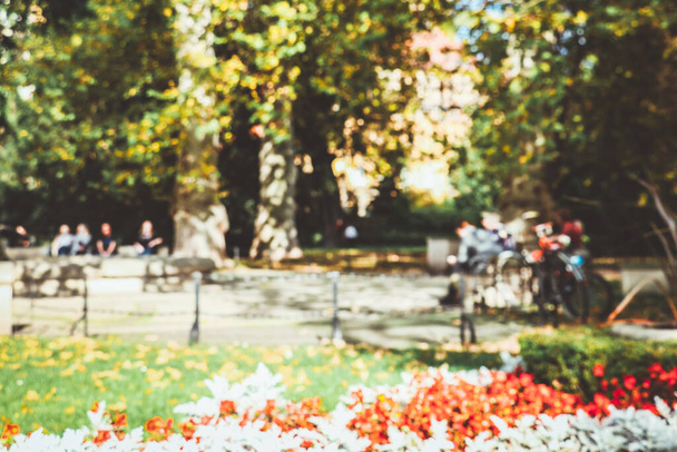 Blurred background. Urbans park with people. Sunny day in the park. - Photo, Image