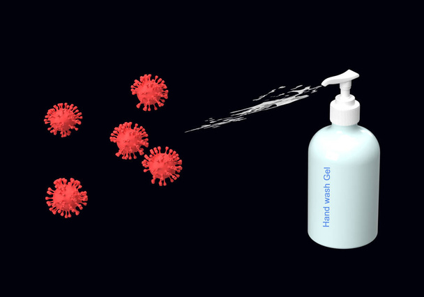 Понятия геля для мытья рук убивают ковид-19 вирусов на черном фоне. 3D рендеринг
 - Фото, изображение