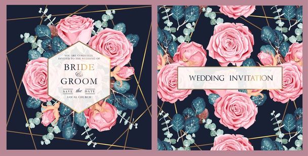 Vector wedding invitation with vintage pink roses - Vector, Image