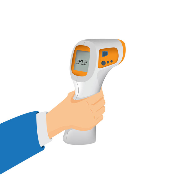 Isometric Medical Digital Non-Contact Infrared Thermometer. It measures the ambient and body temperature without contact with colored warning symbols. - Vettoriali, immagini