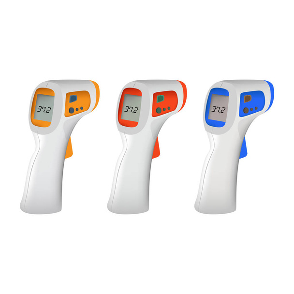 Isometric Medical Digital Non-Contact Infrared Thermometer. It measures the ambient and body temperature without contact with colored warning symbols. - Wektor, obraz