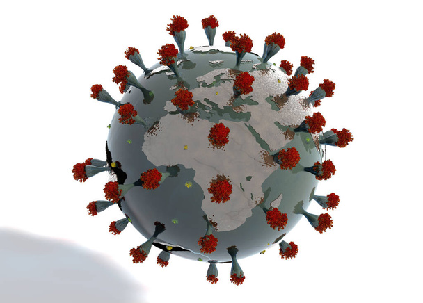 Coronavirus dünyası, 3D görüntüleme, illüstrasyon - Fotoğraf, Görsel