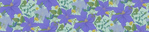 poziome bezszwowe wzór z purpurowe kwiaty clematis - Wektor, obraz