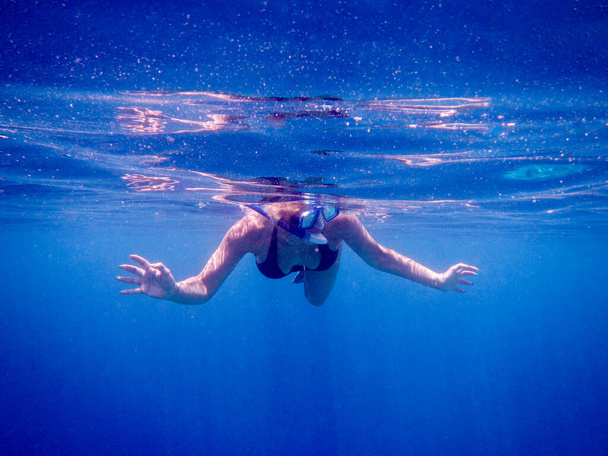 Une femme fait de la plongée en apnée dans les eaux libres bleues
 - Photo, image