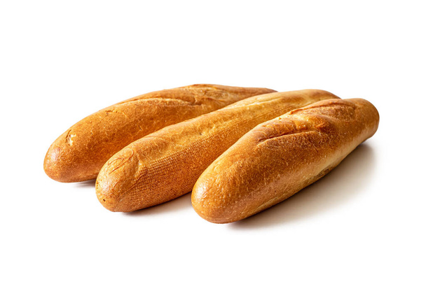 Isolated on a white background traditional French mini baguettes with a crisp Golden crust - Photo, Image