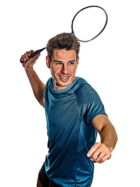 Badminton player young man isolated white background - Foto, imagen